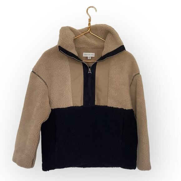 Something Navy Tan Nuetral Oversized Half Zip Sherpa Jacket XXS - Picture 3 of 5